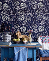 Mind the Gap Wallpaper Folk Embroidery Indigo Wallpaper TRANSYLVANIAN ROOTS Satin Matte Made in Europe Paste the wall 1 roll x 20.5 x 10.9 yards - My Fabric Connection -