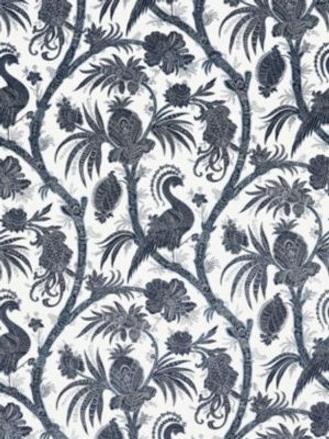 Scalamandre Fabric Balinese Peacock Linen Print Indigo SC165750005 ORIANA 67% LINEN 33% COTTON FRANCE LIGHT DUTY Horizontal: 21.625" and Vertical: 28.5" 57 - My Fabric Connection -