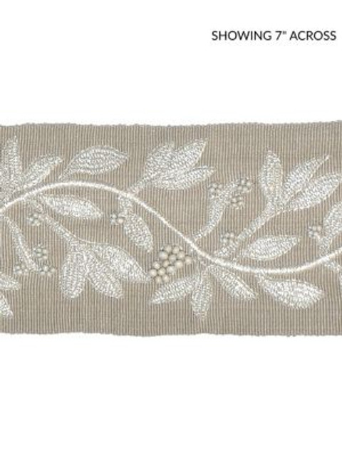 Scalamandre Trim Laurel Embroidered Tape Flax SCT32920002 MODERN LUXURY 50% VISCOSE 35% GLASS 15% METALLIC INDIA LIGHT DUTY Horizontal: 7.5" and Vertical: 3.75 - My Fabric Connection -