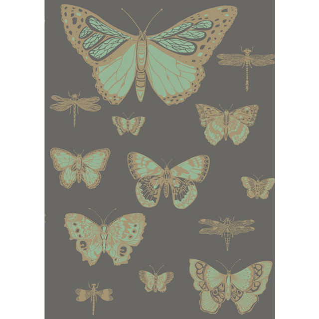 Cole & Son Wallcovering Butterflies & Dragonflies Green On Char