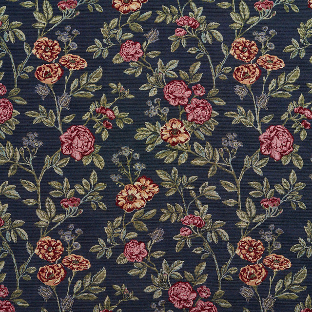 Charlotte Fabric 1979 Navy Bouquet Tapestry Classics 70% Polyester, 30% Cotton Asia Exceeds 45,000 Wyzenbeek Rubs (Heavy Duty) Horizontal: 14.5" x Vertical: 14.5" 54 Inches - My Fabric Connection -