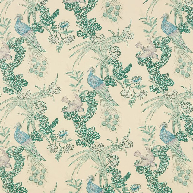 Schumacher Fabric Peacock Cream 175913 Miles-Redd 100% Cotton - Horizontal: 17.5 and Vertical: 26 52.875 - My Fabric Connection -