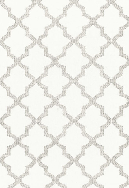 Schumacher Fabric Tangier Embroidery Silver 68343 Chroma 85% Linen, 15% Rayon Martindale 10,000 Horizontal: 3.5 and Vertical: 7.5 50 - My Fabric Connection -
