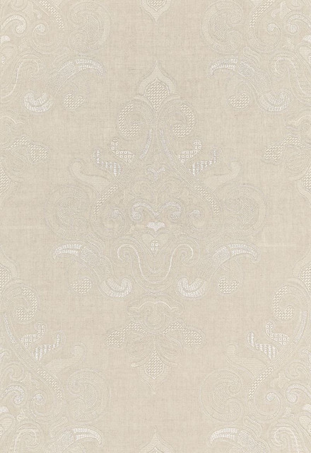 Schumacher Fabric Angkor Embroidery Linen 67581 Au-Naturel 60% Linen, 36% Viscose, 4% Spun Martindale 8,000 Horizontal: 12.875 and Vertical: 30.25 51.375 - My Fabric Connection -