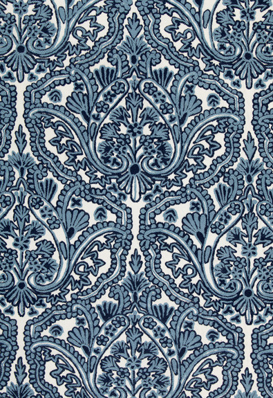 Schumacher Fabric Claremont Crewel Embroidery Delft 64310 COLLECTION-NAME-TBA-64310 60% Cotton, 40% Wool Martindale 10,000 Horizontal: 8.25 and Vertical: 19.5 51.375 - My Fabric Connection -
