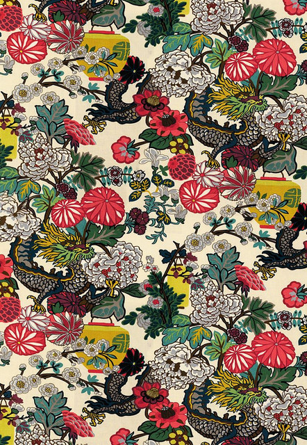 Schumacher Fabric Chiang Mai Dragon Alabaster 173273 Exuberant-Prints 100% Linen - Horizontal: 27 and Vertical: 45.5 54 - My Fabric Connection -