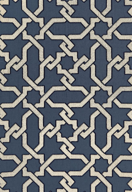 Schumacher Fabric Cordoba Embroidery Indigo 67570 Au-Naturel 56% Linen, 34% Viscose, 10% Spun Martindale 8,000 Horizontal: 12.625 and Vertical: 12.625 50.375 - My Fabric Connection -