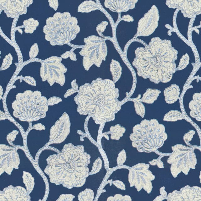 Stout Fabric Dryden 1 Blueberry Rainbow Library Porcelain/Royal 100% Linen Embroidery INDIA MARTINDALE WEAR TEST (LIGHT DUTY) Horizontal: 25.75 and Vertical: 31.125 51.5 in - My Fabric Connection -