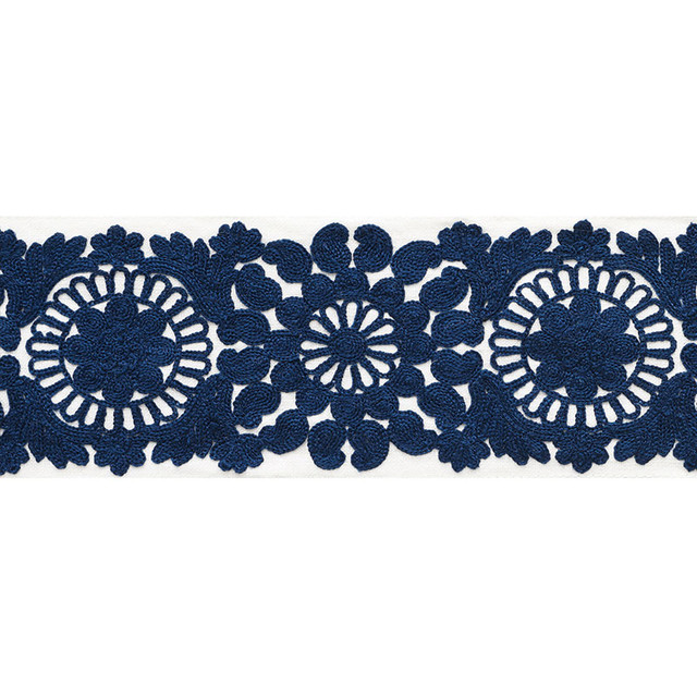 Schumacher Trim Joelle Tape Blue 73622 HAPPY TOGETHER See Sample INDIA - </p><p>Repeat: Horizontal: 6 1/8" (16CM) and Vertical: - 3 5/8" (9CM) - My Fabric Connection -