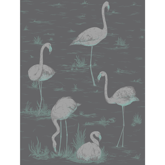 Cole & Son Wallcovering Flamingos Teal/Slvr/Bk CONTEMPORARY RESTYLED PAPER - 100% United Kingdom - Horizontal: 21 and Vertical: 27.5 21 - My Fabric Connection -