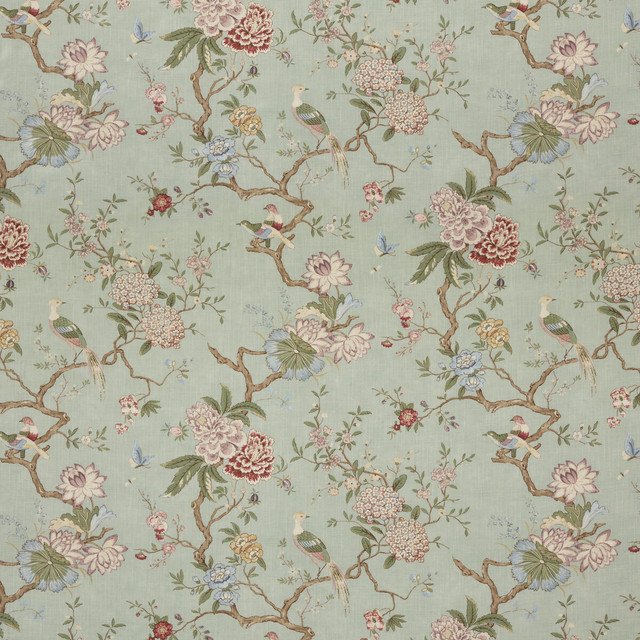 G P & J Baker Fabric Oriental Bird Signature Eau De Nil SIGNATURE PRINTS VISCOSE - 85%;LINEN - 15% United Kingdom HEAVY Horizontal: 18.124 and Vertical: 31.126 53.978 - My Fabric Connection -
