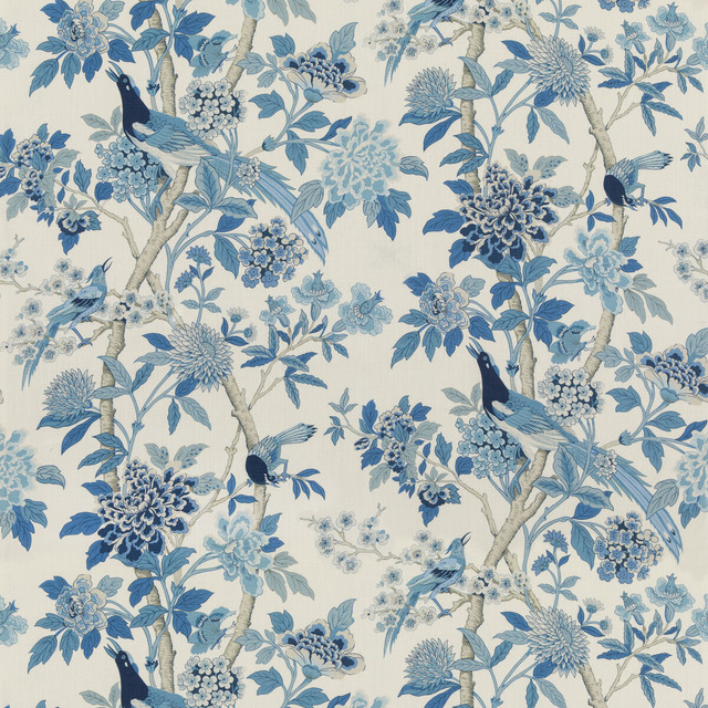G P & J Baker Fabric Hydrangea Bird (Archive) Blue CHIFU LINEN - 100% Thailand MEDIUM Horizontal: 52.796 and Vertical: 41.764 52.796 - My Fabric Connection -