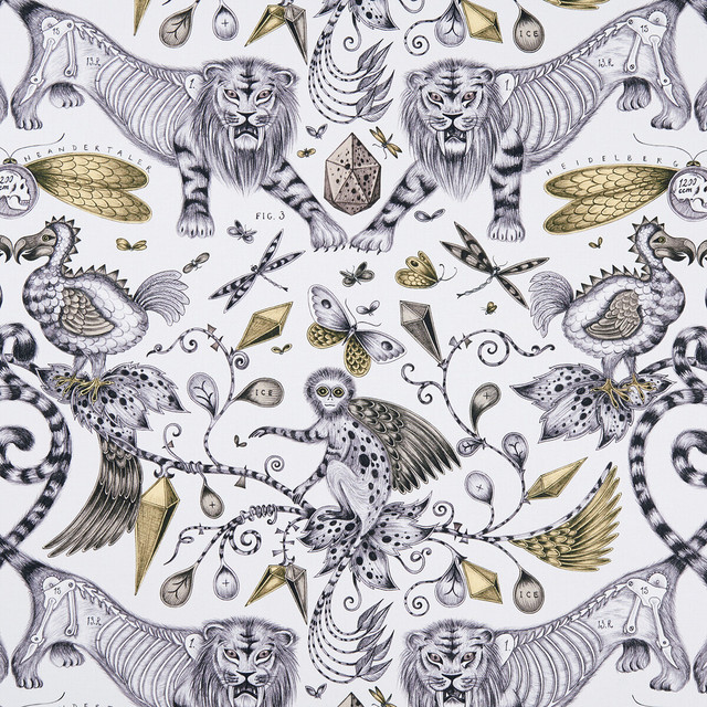 Clarke And Clarke Fabric Extinct Gold ANIMALIA BY EMMA J SHIPLEY FOR C&C COTTON - 100% United Kingdom HEAVY Horizontal: 27.17 and Vertical: 22.24 54 - My Fabric Connection -