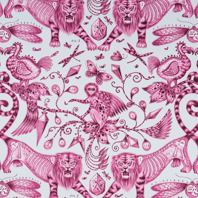 Clarke And Clarke Fabric Extinct Magenta ANIMALIA BY EMMA J SHIPLEY FOR C&C COTTON - 100% United Kingdom HEAVY Horizontal: 27.17 and Vertical: 22.24 54 - My Fabric Connection -
