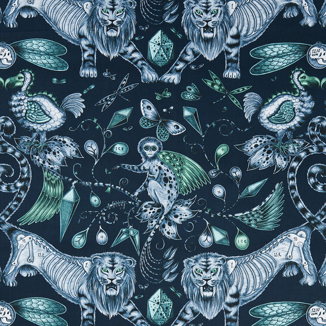 Clarke And Clarke Fabric Extinct Navy ANIMALIA BY EMMA J SHIPLEY FOR C&C COTTON - 100% United Kingdom HEAVY Horizontal: 27.17 and Vertical: 22.24 54 - My Fabric Connection -