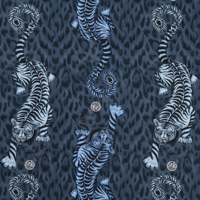 Clarke And Clarke Fabric Tigris Navy ANIMALIA BY EMMA J SHIPLEY FOR C&C COTTON - 100% United Kingdom HEAVY Horizontal: 18.11 and Vertical: 21.85 54 - My Fabric Connection -