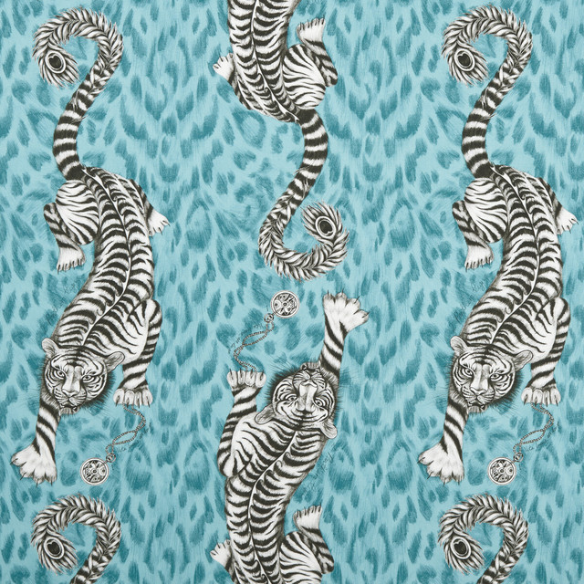 Clarke And Clarke Fabric Tigris Teal ANIMALIA BY EMMA J SHIPLEY FOR C&C COTTON - 100% United Kingdom HEAVY Horizontal: 18.11 and Vertical: 21.85 54 - My Fabric Connection -