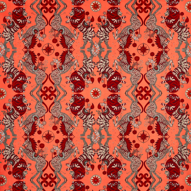 Clarke And Clarke Fabric Caspian Velvet Coral WILDERIE BY EMMA J SHIPLEY FOR C&C POLYESTER - 100% Spain HEAVY Horizontal: 27 and Vertical: 25.12 55 - My Fabric Connection -