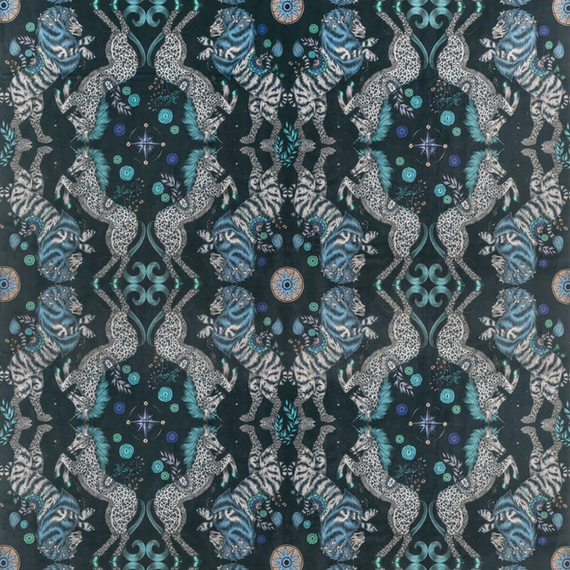 Clarke And Clarke Fabric Caspian Velvet Navy WILDERIE BY EMMA J SHIPLEY FOR C&C POLYESTER - 100% Spain HEAVY Horizontal: 27 and Vertical: 25.12 55 - My Fabric Connection -