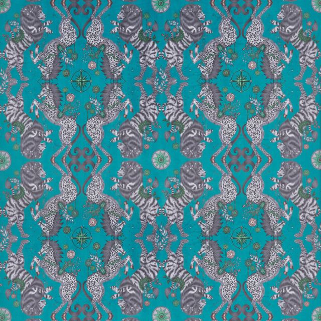 Clarke And Clarke Fabric Caspian Velvet Teal WILDERIE BY EMMA J SHIPLEY FOR C&C POLYESTER - 100% Spain HEAVY Horizontal: 27 and Vertical: 25.12 55 - My Fabric Connection -