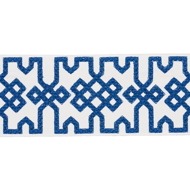 Schumacher Fabric Knotted Trellis Tape Blue On White 80883 Fabric COTTON 73% INDIA </p><p>Repeat: H: , V: VERT. 3 5/7" (9CM) 3 1/4" (8CM) - My Fabric Connection - Schumacher Fabric Knotted Trellis Tape Blue On White 80883 Fabric COTTON 73% INDIA </p><p>Repeat: H: , V: VERT. 3 5/7" (9CM) 3 1/4" (8CM) - My Fabric Connection -
