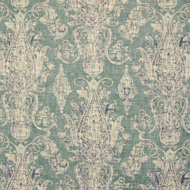 Greenhouse Fabric S4800 Cerulean S69: Rain 55% Linen, 45% Rayon USA 24,000 double rubs Soil & Stain Repellent </p><p>Repeat: 27" H, 25.5 " V 54" - My Fabric Connection -