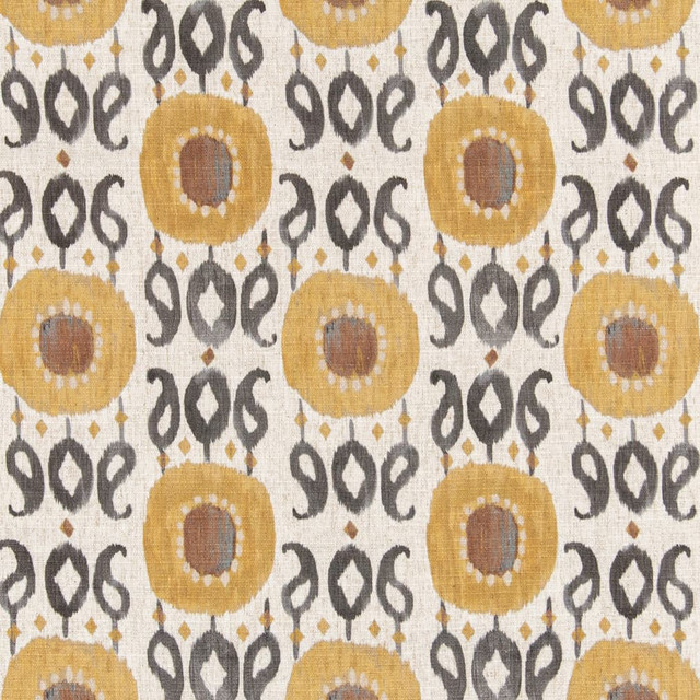 Charlotte Fabric D3321 Saffron Linen Prints 91% Polyester, 9% Linen Asia Exceeds 100,000 Wyzenbeek Rubs (Heavy Duty) </p><p>Repeat: Horizontal 9" x Vertical 11.5" 54 Inches - My Fabric Connection -