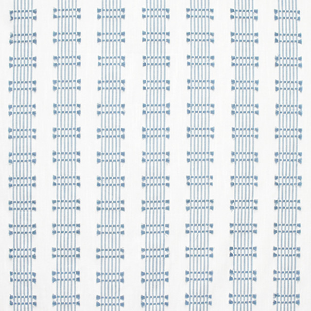 Over The Tracks French Blue by Carole Designer Fabric Artisan Base: 81% Cotton, 19% Poly. Embr: 100% Cotton INDIA N/A 2.13" V, 4" H 54.75" - Swanky Fabrics -