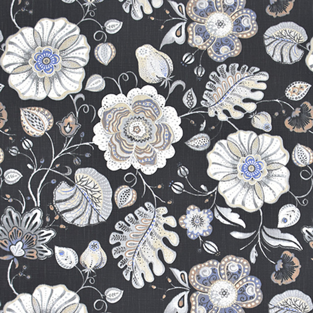 Art Of Being Charcoal by Carole Designer Fabric Bluebell 59% Cotton, 41% Polyester-Light Latex Backing China 15,000 Wyzenbeek Double Rubs 23 3/4" V, 27 1/2" H 54" - Swanky Fabrics -