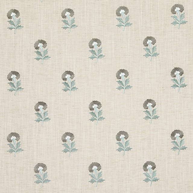 Basket Flower Shoreline by Carole Designer Fabric Dewdrop Base: 82% Polyester, 11% Cotton, 7% Linen, Embr: 100% Rayon India 51,000 WYZENBEEK DOUBLE RUBS 6 1/4" V, 2 5/8" H HD 53" - Swanky Fabrics -