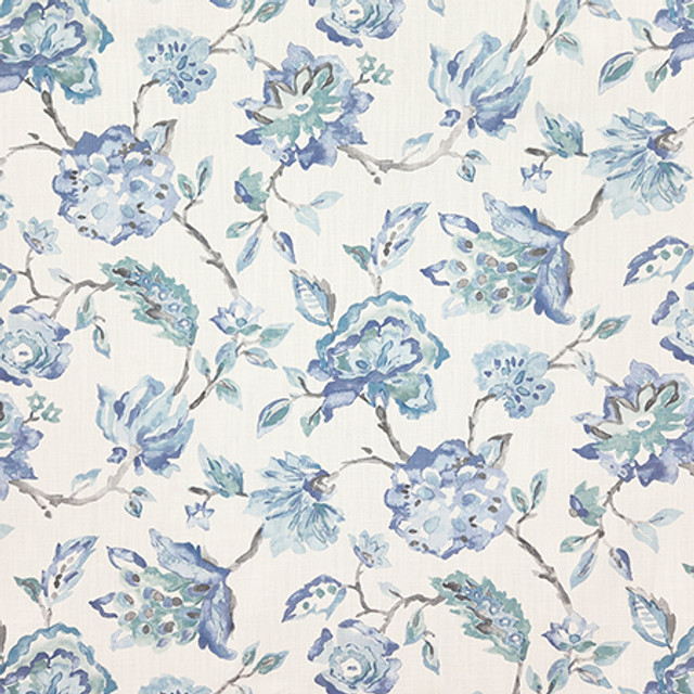 Full Frame Delphinium by Carole Designer Fabric Dewdrop 97% Cotton, 3% Linen Printed In Usa 30,000 WYZENBEEK DOUBLE RUBS 27" V, 14 1/2" H HD 54" - Swanky Fabrics -