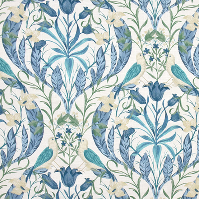 Two Birds Robins Egg by Carole Designer Fabric Wellington 55% Linen, 45% Viscose KOREA 12,000 Wyzenbeek Double Rubs 26 1/4" V, 27 1/4" H HD 55.25" - Swanky Fabrics -