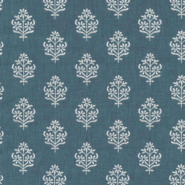 PKL Studio Fabric Floral Sprig Emb Indigo 412385 Base 50% polyester, 50% cotton Emb: 100% polyester India 6000 Horizontal: 4.5 and Vertical: 3 55 - My Fabric Connection -