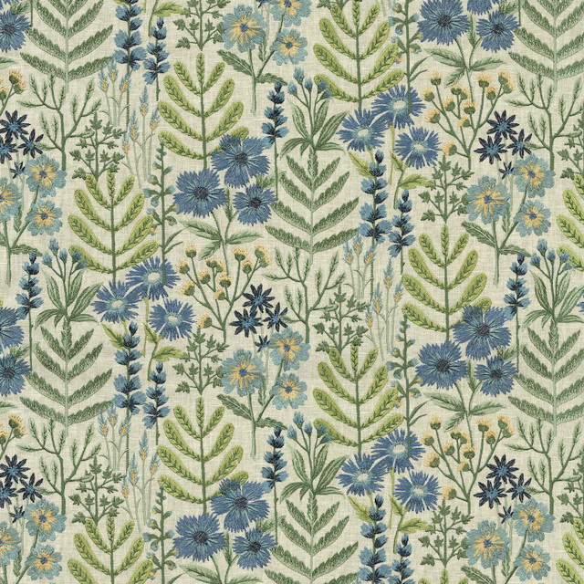 PKL Studio Fabric Wildflower Emb Bluebell 412471 Base 52% polyester, 48% cotton Emb: 100% rayon India 51000 Horizontal: 17 and Vertical: 12.5 54 - My Fabric Connection -