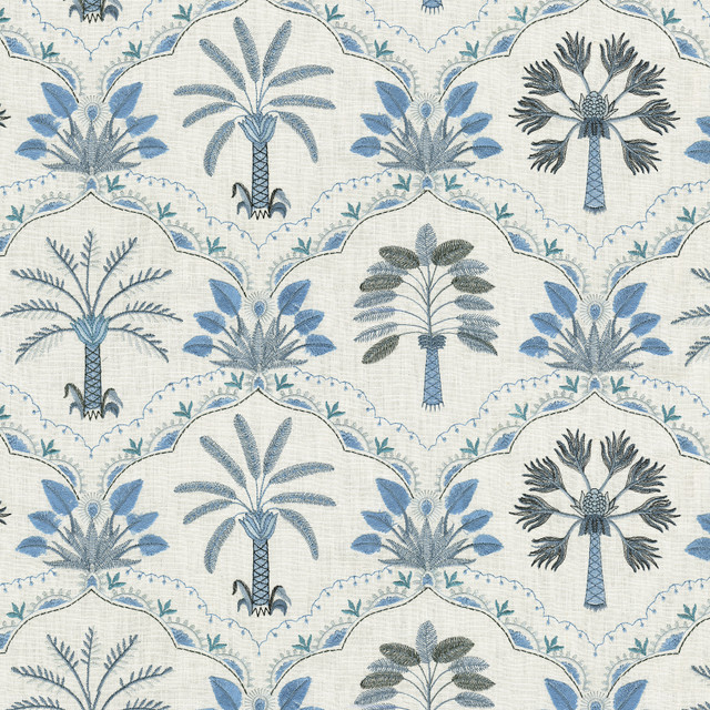 Tommy Bahama Home Fabric Daintree Emb Aegean 802911 Base 100% cotton Emb: 100% rayon India 51000 Horizontal: 25.5 and Vertical: 15 54 - My Fabric Connection -
