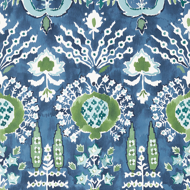 Thibaut Wallpaper Mendoza Suzani Blue and Green on Navy T16241 Wallpaper Non Woven Wallpaper U.S.A. - </p><p>Repeat: V: 36 27 - My Fabric Connection -