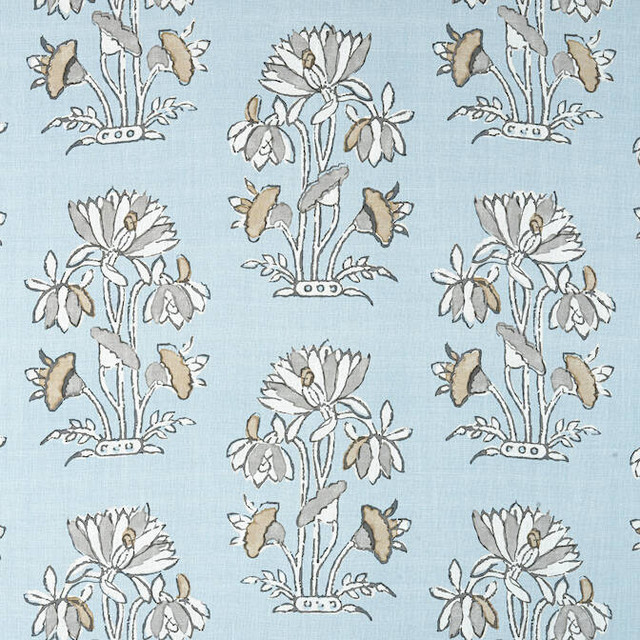 Thibaut Fabric Lily Flower Spa Blue F913201 Fabric 100% Linen THAILAND 20000 </p><p>Repeat: V: - 54 - My Fabric Connection -
