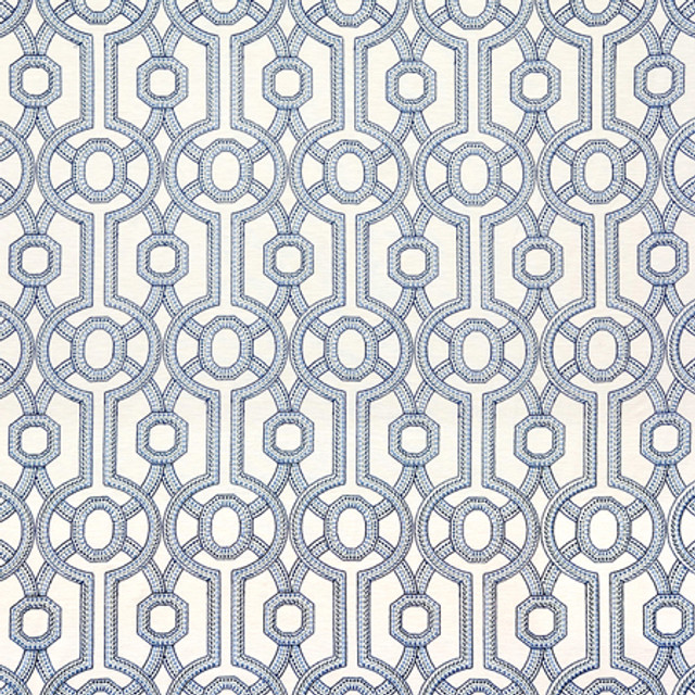 Carole Fabric Park Circle Nautic Blue Crush Base: 71% Polyester, 29% Cotton Embr: 100% Polyester India 9 1/2" V, 6 1/2" H 52"" - My Fabric Connection -