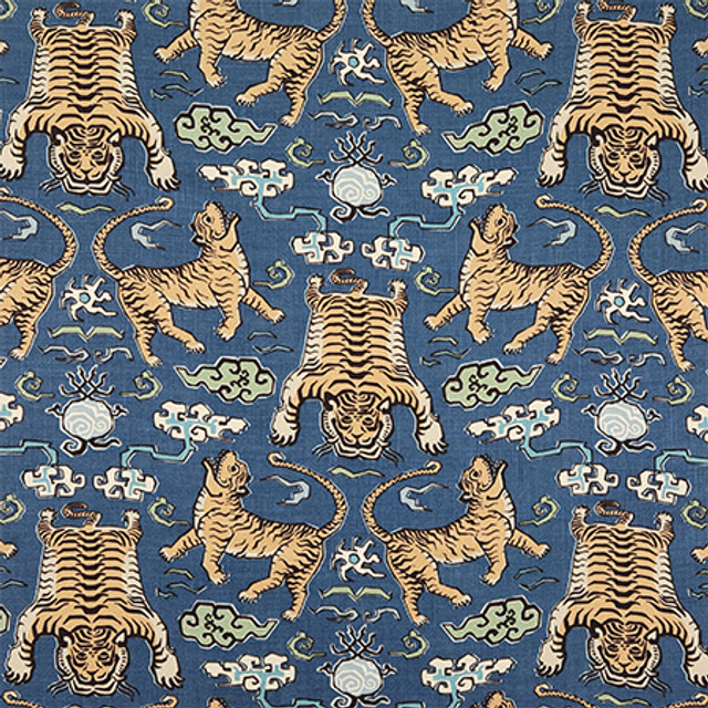 Carole Fabric Tiger Pack Denim Hidden Treasure 75% Cotton, 25% Linen-Stain Repellent Pakistan 25" V, 13 1/2" H HD 54.5" - My Fabric Connection -
