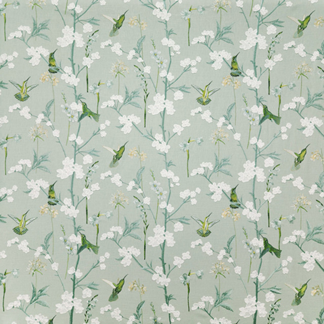 Carole Fabric Hummingbird Gathering Jade Misty Glen Base: 69% Cotton, 31% Polyester Embr: 100% Rayon India 18 1/2" V, 25" H 50"" - My Fabric Connection -