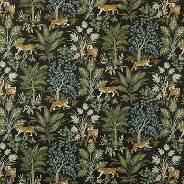 Carole Fabric Tiger Hunt Chocolate Misty Glen 55% Linen, 45% Cotton Spain 13 1/2" V, 13 1/2" H HD 54"" - My Fabric Connection -