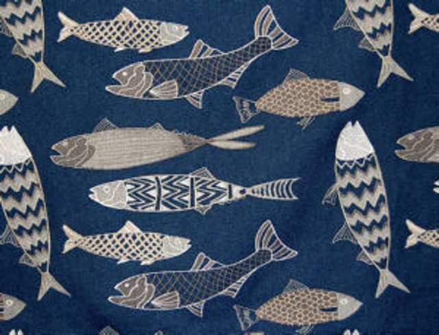 Norbar Fabric Fish Navy Grey SOLEIL 100% SOLUTION DYED POLYESTER CHINA 11 1/2"V 18"H 54 - My Fabric Connection -