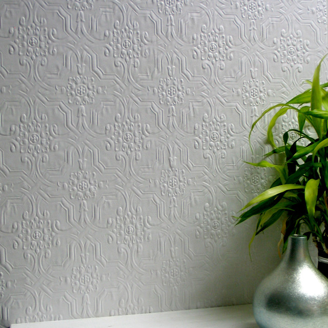 Brewster Berkeley White Paintable Anaglypta Original Wallpaper Anaglypta XII Covers about 55 square feet Great Britain Unpasted 5.3-in repeat, straight match 20-in by 33-ft long roll - My Fabric Connection -