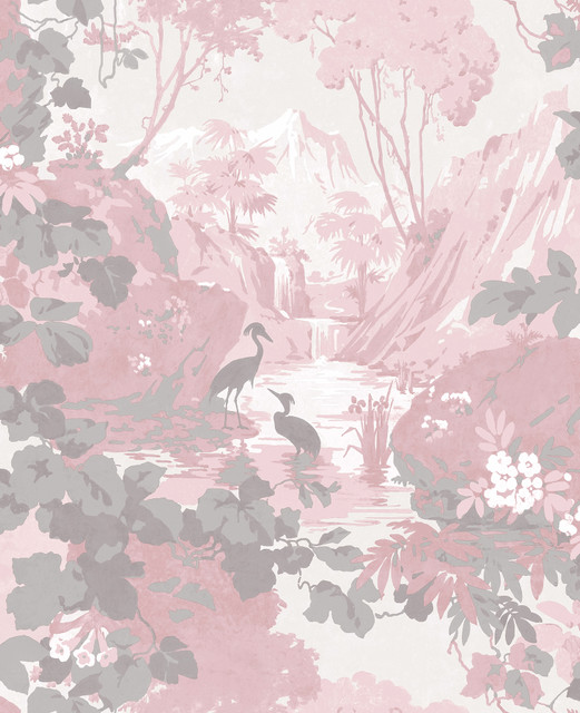 Brewster Eden Pink Crane Lagoon Wallpaper Archive Collection Covers about 56.4 square feet Great Britain Unpasted 25.2-in repeat, drop match 20.5-in by 33-ft long roll - My Fabric Connection -