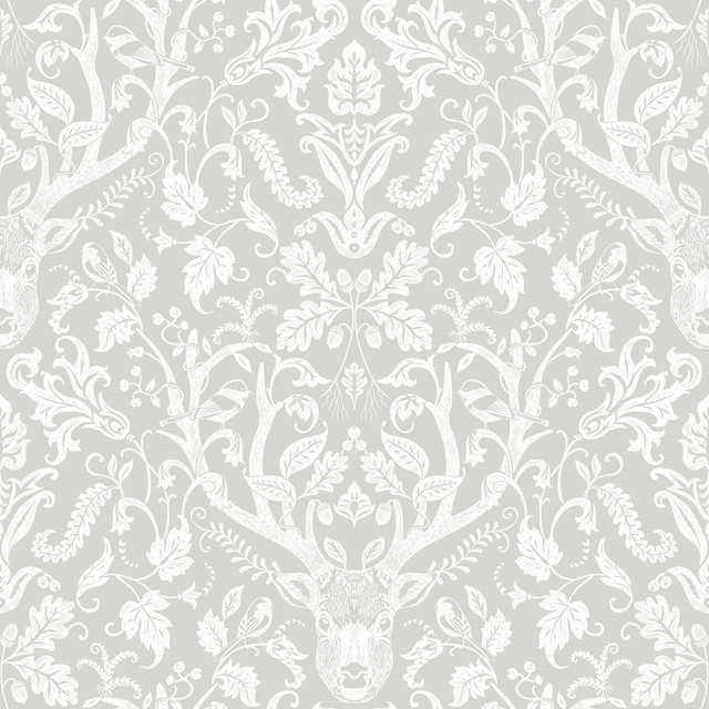 Chesapeake Kiwassa Taupe Antler Damask Wallpaper Birch & Sparrow Covers about 56.4 square feet United States Prepasted 20.5-in repeat, straight match 20.5-in by 33-ft long roll - My Fabric Connection -