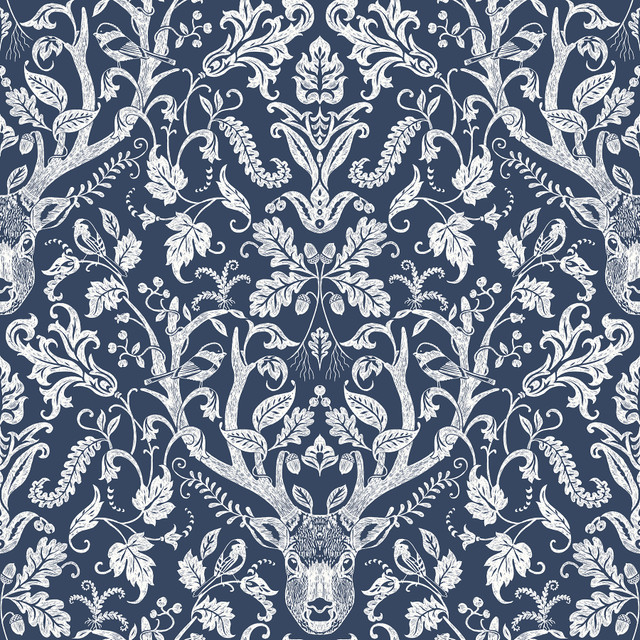 Chesapeake Kiwassa Navy Antler Damask Wallpaper Birch & Sparrow Covers about 56.4 square feet United States Prepasted 20.5-in repeat, straight match 20.5-in by 33-ft long roll - My Fabric Connection -