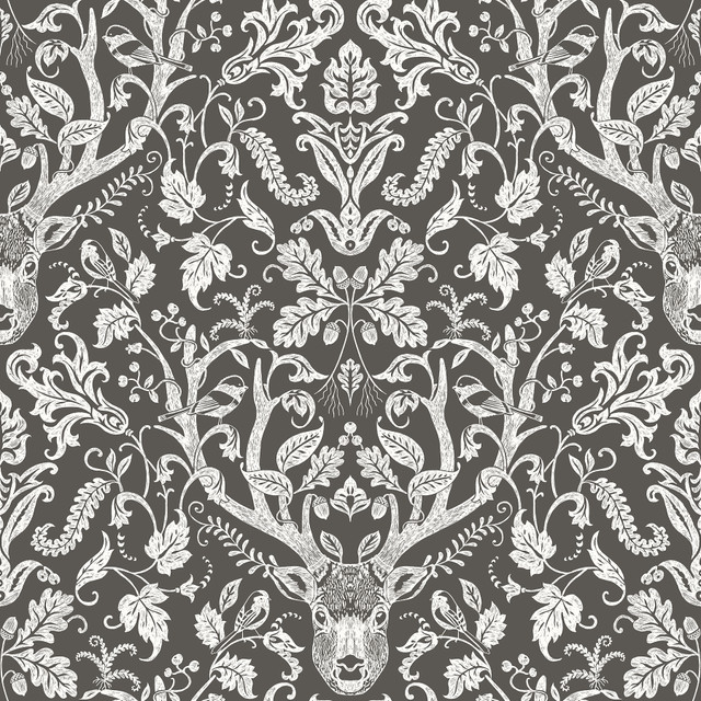 Chesapeake Kiwassa Brown Antler Damask Wallpaper Birch & Sparrow Covers about 56.4 square feet United States Prepasted 20.5-in repeat, straight match 20.5-in by 33-ft long roll - My Fabric Connection -