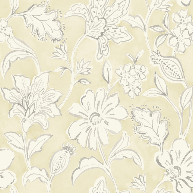 Chesapeake Plumeria Yellow Floral Trail Wallpaper Blue Heron Covers about 56.4 square feet United States Prepasted 20.5-in repeat, straight match 20.5-in by 33-ft long roll - My Fabric Connection -