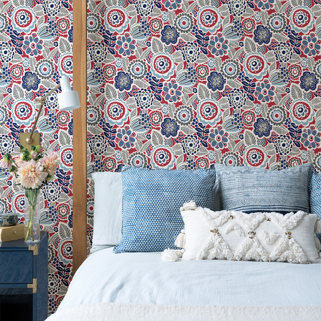 A-Street Prints Lucy Red Floral Wallpaper BlueBell Covers about 56.4 square feet Great Britain Unpasted 20.9-in repeat, straight match 20.5-in by 33-ft long roll - My Fabric Connection -