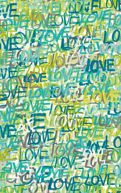 ohpopsi Indio Teal Love Scribble Wallpaper Concept Covers about 54.2 square feet Great Britain Unpasted 31.5-in repeat, half drop match 19.7-in by 33-ft long roll - My Fabric Connection -